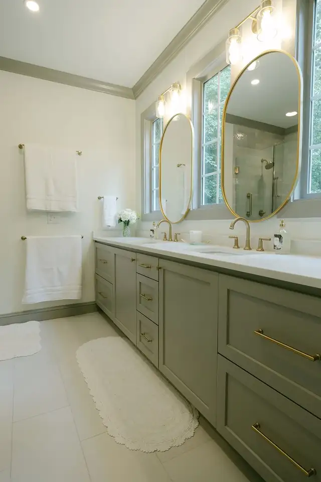 Homewood small bathroom remodel with sage green double vanity, brass hardware and oval brass mirrors
